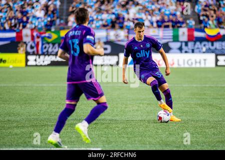 Charlotte, NC, USA. 29th July, 2023. Charlotte FC Andrew Privett (34) during the first half of the Leagues Cup match up against the Necaxa at Bank of America Stadium in Charlotte, NC. (Scott KinserCal Sport Media). Credit: csm/Alamy Live News Stock Photo