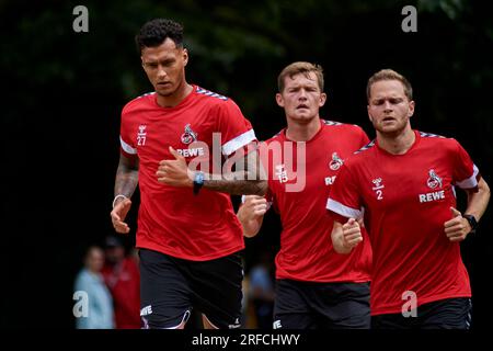 COLOGNE, GERMANY - 2 August, 2023: Davie Selke, Benno Schmitz, Luca Kilian. Practice of 1.FC Koeln Stock Photo