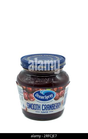Irvine, Scotland, UK-May 06, 2023: Ocean Spray branded smooth cranberry sauce in a glass jar and metal lid that is recyclable and displaying relevant Stock Photo