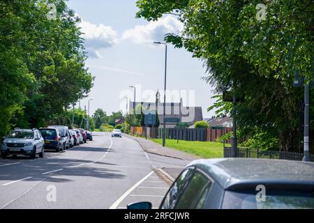 Looking down the Main Street in Howwood towards the old Parish Church and its Bell Tower Stock Photo