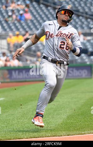 Pittsburgh, United States. 02nd Aug, 2023. Detroit Tigers shortstop Javier Baez (28) scores on a single by Detroit Tigers second baseman Zack Short in the fourth inning driving in two runs against the Pittsburgh Pirates at PNC Park on Wednesday August 2, 2023 in Pittsburgh. Photo by Archie Carpenter/UPI Credit: UPI/Alamy Live News Stock Photo