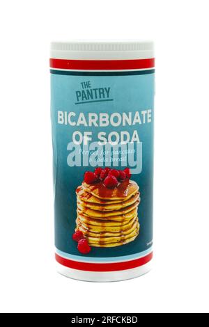Irvine, Scotland, UK-July 21, 2023:Supplied for the Aldi brand is a plastic pot container of bicarbonate of soda that is recyclable and display graphi Stock Photo