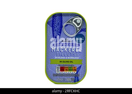 Irvine, Scotland, UK-July 21, 2023: One tine of Morrisons branded Mackerel fillets in olive oil and in a recyclable tin displaying the graphics icons Stock Photo