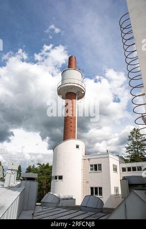 Water tower mounted on a smokestack at functionalist Paimio Sanatorium, designed by Aino and Alvar Aalto and built in 1933, in Paimio, Finland Stock Photo