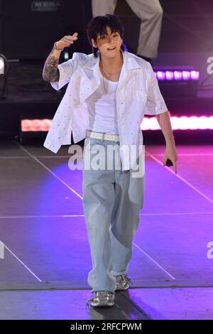 Jung Kook performs on Good Morning America's Summer Concert Series at SummerStage at Rumsey Playfield, Central Park on July 14, 2023 in New York City. Stock Photo