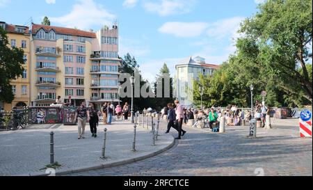Berlin, Germany, July 6, 2023, street scene on the Admiral Bridge in Kreuzberg, popular with tourists and young people. Stock Photo