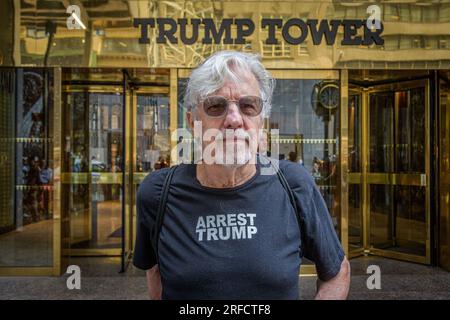 In the wake of the latest Special Counsel Jack Smith's indictement of Donald Trump, members of the activist group Rise and Resist and allies gathered outside Trump Tower in Manhattan on August 2, 2023 demanding state governments to disqualify former President Trump from appearing on ballots in 2024 under the 14th Amendment. The group stated that secretaries of state are empowered by the 14th Amendment to bar Trump from running for office because of his incitement of the January 6, 2021 Capitol insurrection. (Photo by Erik McGregor/Sipa USA) Stock Photo