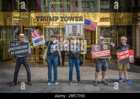 In the wake of the latest Special Counsel Jack Smith's indictement of Donald Trump, members of the activist group Rise and Resist and allies gathered outside Trump Tower in Manhattan on August 2, 2023 demanding state governments to disqualify former President Trump from appearing on ballots in 2024 under the 14th Amendment. The group stated that secretaries of state are empowered by the 14th Amendment to bar Trump from running for office because of his incitement of the January 6, 2021 Capitol insurrection. (Photo by Erik McGregor/Sipa USA) Stock Photo