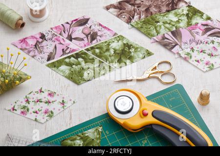 Quilt sewing process. Sewing and quilting accessories. Stock Photo