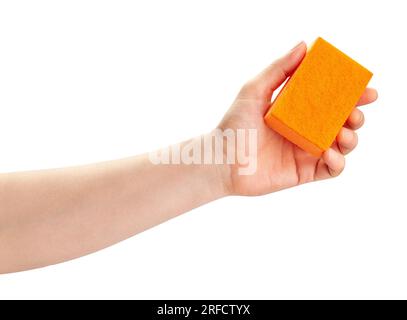 kitchen sponge in hand path isolated on white Stock Photo