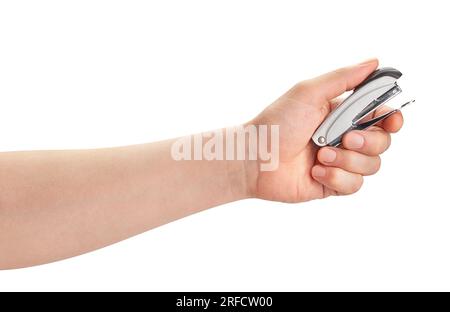 stapler in hand path isolated on white Stock Photo