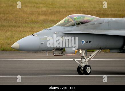 Finnish F/A-18C Hornet from Fighter Squadron 11 during display at The Royal International Air Show 2023 Stock Photo