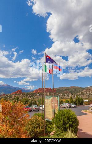 Colorado and historic flags at Garden of the Gods public park in Colorado Springs, Colorado. Stock Photo