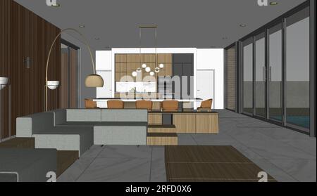 Modern House InteriorScene with furniture - 2D drawing A1 size 3D model, 3D rendering Stock Photo