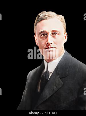 This is a colourised image of a young Franklin Delano Roosevelt (1882-1945) often referred to as FDR. He defeated the Republican candidate in 1932(Herbert Hoover) to become the 32nd President of the USA. He served four terms as President. He died in April 1945 just months after his re-election and was succeeded by Harry Truman.  Roosevelt has been described as the most important figures in American history, due to his economic success in tackling the Great Depression and his policies that brought America through the wartime years of 1939-1945. Stock Photo