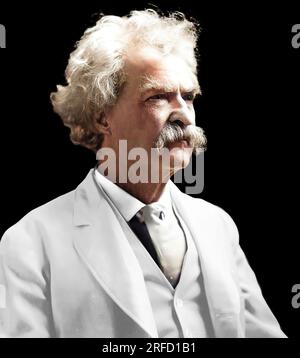 This is a colourised image of Mark Twain, the American writer, publisher and lecturer. The original was taken 20th May 1907. His real name was Samuel Langhorne Clemens. Referred to as the father of American Literature, he is most remembered for his novels, The Adventures of Tom Sawyer and Adventures of Huckleberry Finn. Born shortly after an appearance of Haileys Comet, he always claimed that he would out with. He died of a heart attack the day after the Comet passed close to the earth.      Copyright by A.F. Bradley, N.Y. Stock Photo