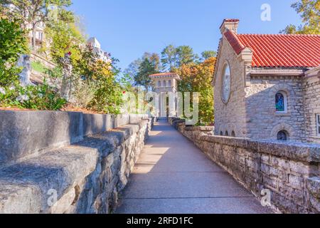 St. Elizabeth Catholic Church in Eureka Springs, Arkansas, is known for the fact that the only way to enter the Church is through the Bell Tower. Stock Photo