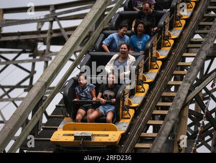 Vancouver Canada. 02nd Aug 2023. People ride the wooden roller