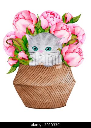 Fluffy gray cat in a basket with peonies. Cute watercolor illustration on the theme of pets. Ready-made design for a poster, card, invitation, congrat Stock Photo