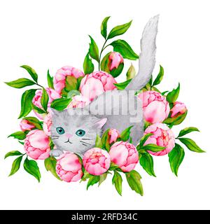 Fluffy gray cat in peonies. Cute watercolor illustration on the theme of pets. Ready-made design for a poster, card, invitation, congratulations, prin Stock Photo