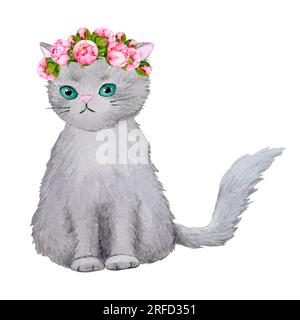 Fluffy gray cat in a wreath of peonies. Cute watercolor illustration on the theme of pets. Ready-made design for a poster, card, invitation, congratul Stock Photo