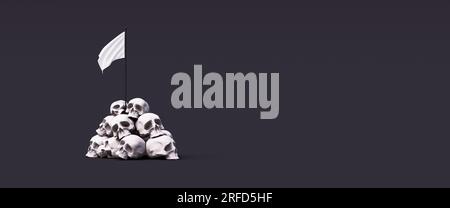 Pile of human skulls with white flag. Surrender after many sacrifices in war concept on black background 3d render Stock Photo
