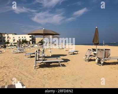 Umbrellas and Beach of Cesenatico on the Romagna Riviera in Italy Stock Photo