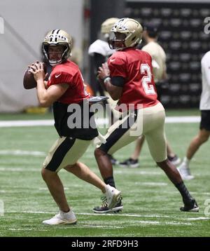 New Orleans Saints quarterback Jake Haener (14) runs through drills at the  NFL team's football training camp in Metairie, La., Friday, Aug. 4, 2023.  (AP Photo/Gerald Herbert Stock Photo - Alamy