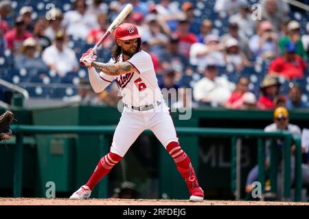 Washington Nationals second baseman Michael Chavis (6) reacts on first base  during a baseball game against the Detroit Tigers at Nationals Park,  Sunday, May 21, 2023, in Washington.(AP Photo/Alex Brandon Stock Photo 