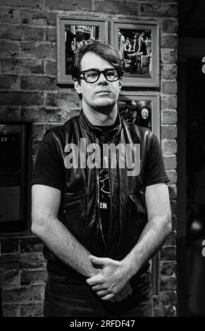 Commedian/Actor Dan Aykroyd on MusicTelevision - MTV - set in 1982. Bernard Gotfryd photograph. Daniel Edward Aykroyd  is a Canadian actor, comedian, screenwriter, producer, and musician. Aykroyd was a writer and an original member of the 'Not Ready for Prime Time Players' cast on the NBC sketch comedy series Saturday Night Live from its inception in 1975 until his departure in 1979. During his tenure on SNL, he appeared in a recurring series of sketches, particularly featuring the Coneheads and the Blues Brothers. Stock Photo
