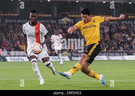 Wolverhampton, UK. 02nd Aug, 2023. Wolverhampton, England, August 2nd 2023: Hee Chan Hwang (11 Wolves) takes a shot during the preseason friendly between Wolves and Luton Town at Molineux stadium in Wolverhampton, England (Natalie Mincher/SPP) Credit: SPP Sport Press Photo. /Alamy Live News Stock Photo