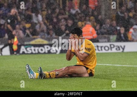 Wolverhampton, UK. 02nd Aug, 2023. Wolverhampton, England, August 2nd 2023: Hee Chan Hwang (11 Wolves) misses a chance during the preseason friendly between Wolves and Luton Town at Molineux stadium in Wolverhampton, England (Natalie Mincher/SPP) Credit: SPP Sport Press Photo. /Alamy Live News Stock Photo