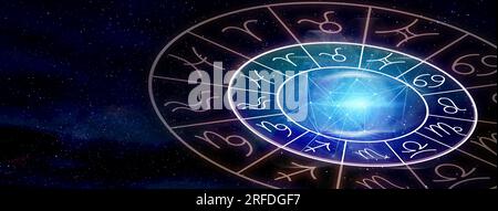 Zodiac wheel with astrological signs around bright star in open space, illustration Stock Photo