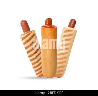 Set of yummy French hot dogs with different sauces isolated on white Stock Photo
