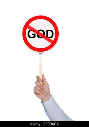 Atheism concept. Man holding prohibition sign with crossed out word God on white background Stock Photo