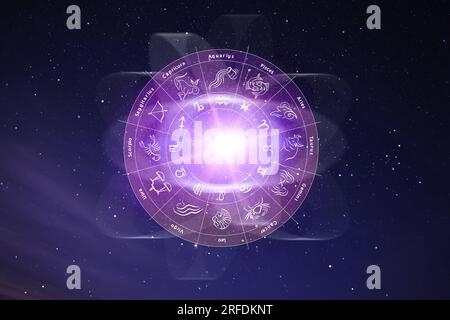 Zodiac wheel with astrological signs around bright star in open space, illustration Stock Photo