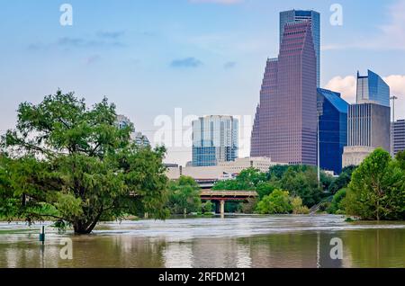 The Houston skyline is pictured from flooded Buffalo Bayou Park after Hurricane Harvey, Sept. 4, 2017, in Houston, Texas. Stock Photo