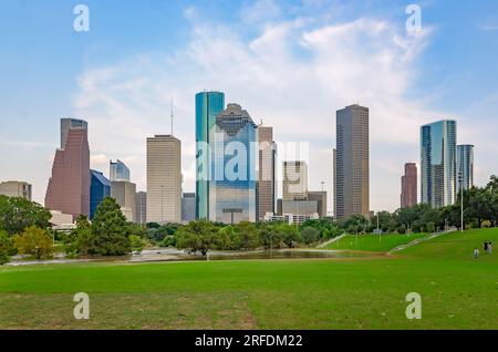 The Houston skyline is pictured from flooded Buffalo Bayou Park after Hurricane Harvey, Sept. 4, 2017, in Houston, Texas. Stock Photo