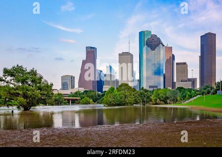 The Houston skyline is pictured from flooded Buffalo Bayou Park after Hurricane Harvey, Sept. 4, 2017, in Houston, Texas. Stock Photo