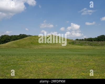 Mound A, a prehistoric earthwork used for ceremonial or residential purposes photographed at Poverty Point National Monument in Louisiana. Stock Photo