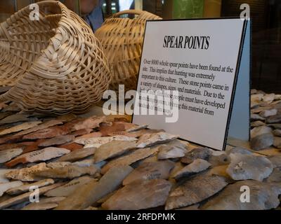 Prehistoric carved stone spear points excavated at Poverty Point National Monument in Louisiana. They're on display at the Poverty Point UNESCO World Stock Photo