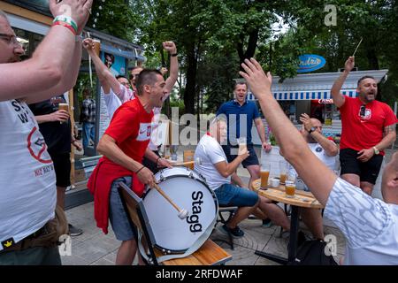 Football fans in Cathedral Park celebrate a Polish soccer victory. Chișinău, Moldova Stock Photo