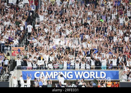 Orlando, Florida, USA. 2nd Aug, 2023. Fans do the wave during the second half of the Florida Cup Series Soccer Champions Tour Juventus vs Real Madrid soccer match at Camping World Stadium in Orlando, Fl on August 2, 2023. (Credit Image: © Cory Knowlton/ZUMA Press Wire) EDITORIAL USAGE ONLY! Not for Commercial USAGE! Stock Photo