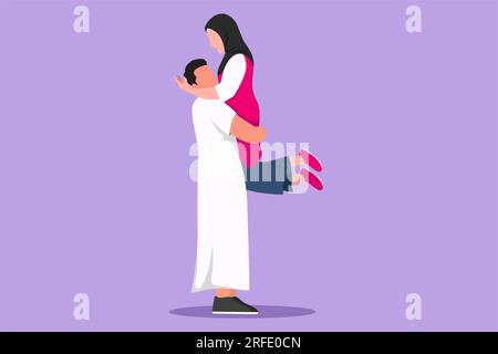 Character flat drawing romantic Arabian couple hugging and encircling their lovers with arms. Beautiful woman jumping into man embrace. Relationship, Stock Photo