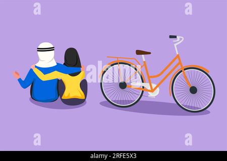 Character flat drawing back view romantic teenage couple sitting at outdoors city park with bicycle next to them. Arab man and woman in love. Happy ma Stock Photo