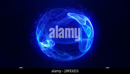 Abstract blue energy sphere of particles and waves of magical glowing on a dark background. Stock Photo