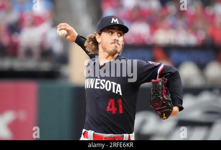 St. Louis, United States. 02nd Aug, 2023. Minnesota Twins starting pitcher Joe Ryan delivers a pitch to the St. Louis Cardinals in the first inning at Busch Stadium in St. Louis on Wednesday, August 2, 2023. Photo by Bill Greenblatt/UPI Credit: UPI/Alamy Live News Stock Photo