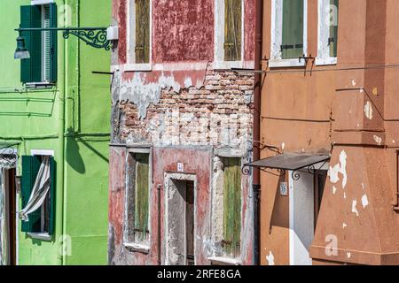 Old worn out colorful buildings in Burano, Venice. Stock Photo