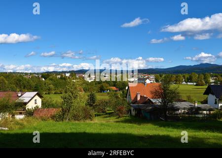 View of the town of Kocevje in Dolenjska, Slovenia and forest covered hills Stock Photo