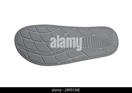 Black leather classic sneakers with laces. Casual style. Black rubber soles. Isolated close-up on white background. Shoe sole view. With clipping path Stock Photo